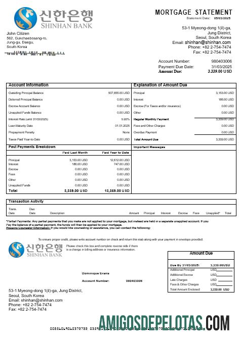 Declaração de hipoteca do Shinhan Bank da Coreia do Sul em formatos Word e PDF baixar para verificação